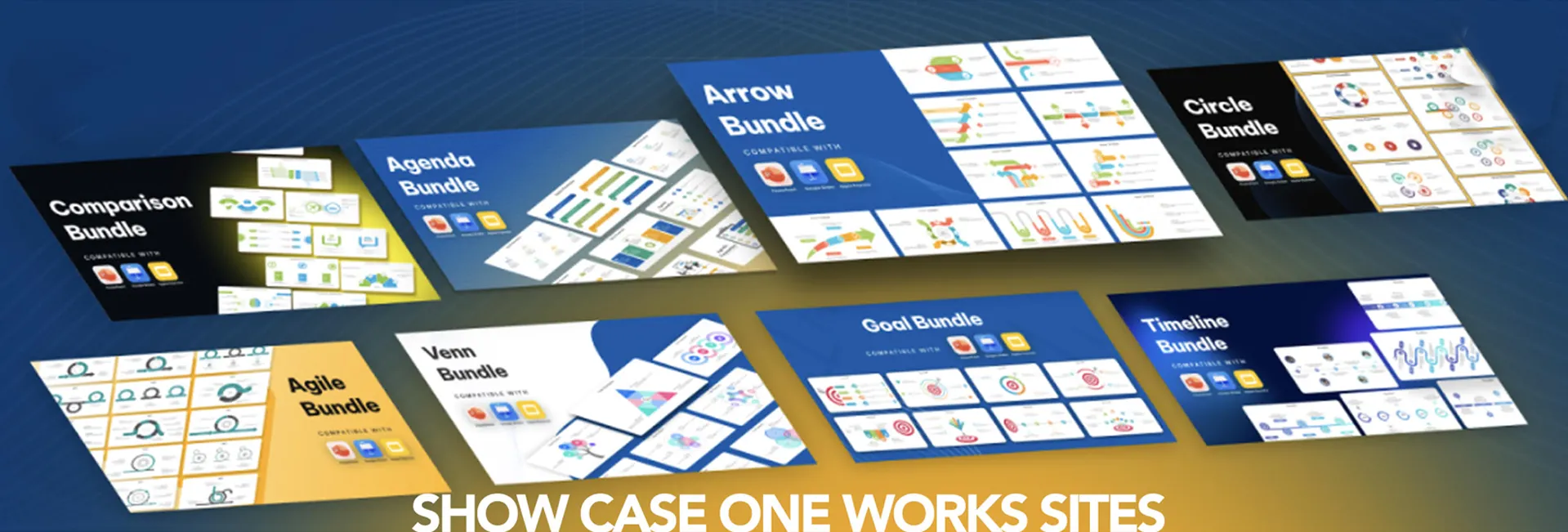 A showcase of various presentation template bundles including Comparison, Agenda, Arrow, Circle, Agile, Venn, Goal, and Timeline designs.