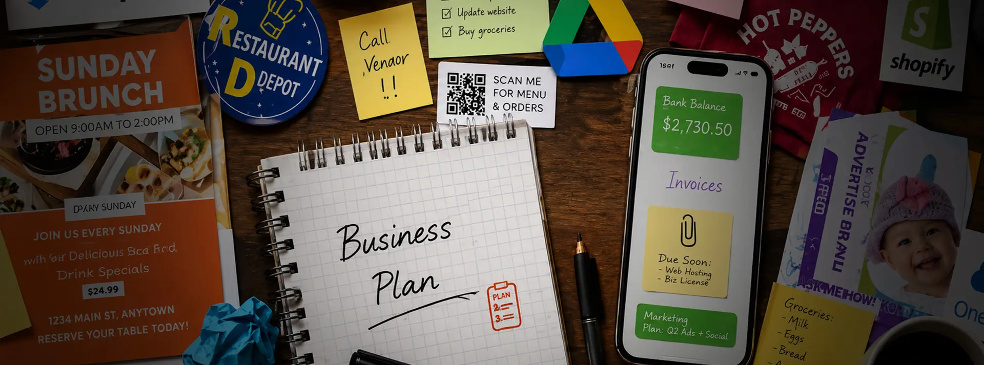 A top-down view of a cluttered wooden desk with a 'Business Plan' notebook, a smartphone showing a bank balance, sticky notes, and marketing materials.